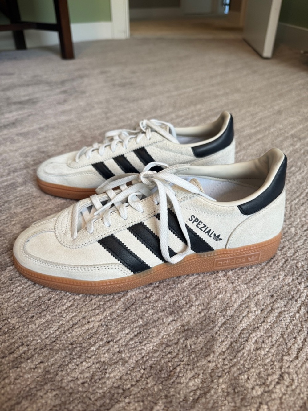 adidas Spezial Suede Sneakers in Cream with Black Stripes and Gum Sole